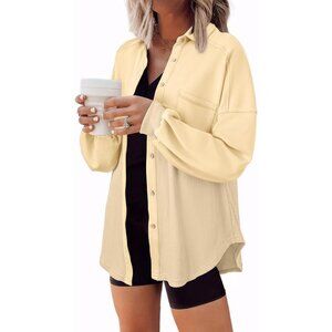 Women's Knit Loose Long Sleeve Apricot Fashion Button Down Shirt Jacket Tops